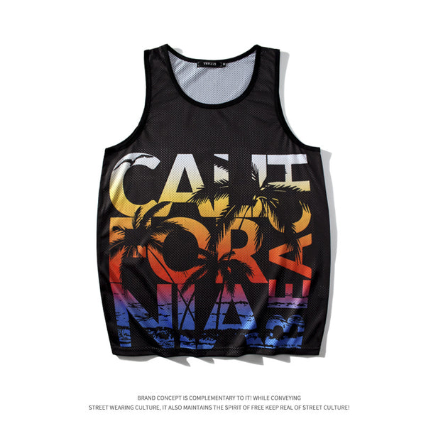 Men 3D Print Sleeveless Vest Summer Silk Golden California