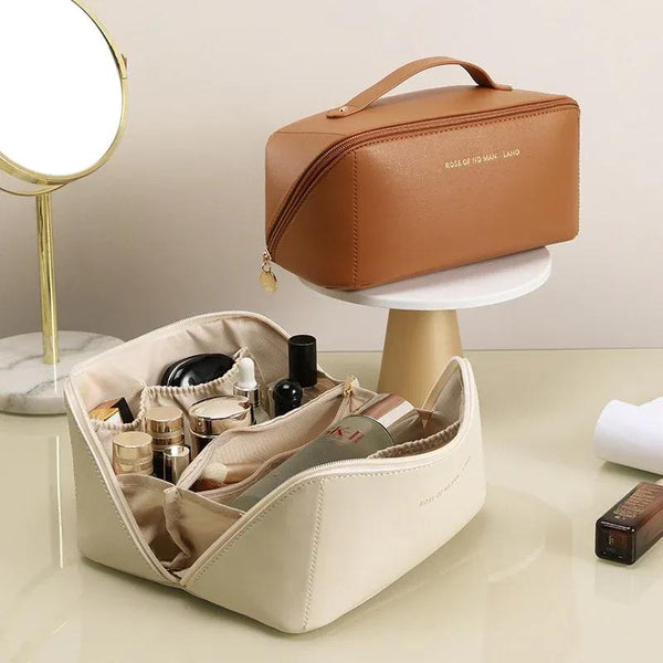 Stylish PU Leather Makeup Pouch Tan Cream Travel Bag