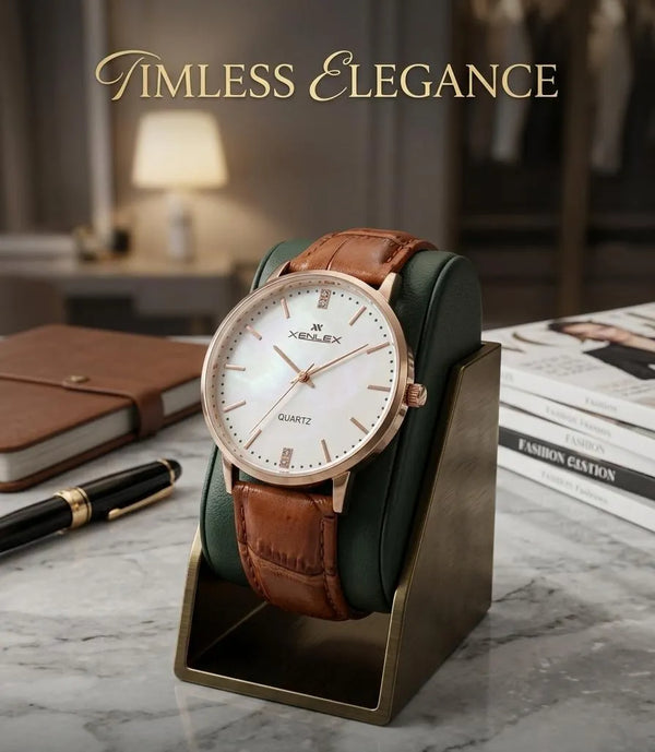 Men's Leather Watch with Green Strap & Gold Dial