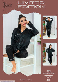 Women Silk Night Suit Black 2 Pcs V-Neck
