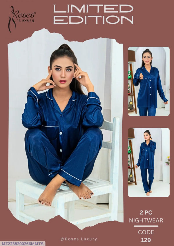 Women Silk Night Suit Black 2 Pcs V-Neck