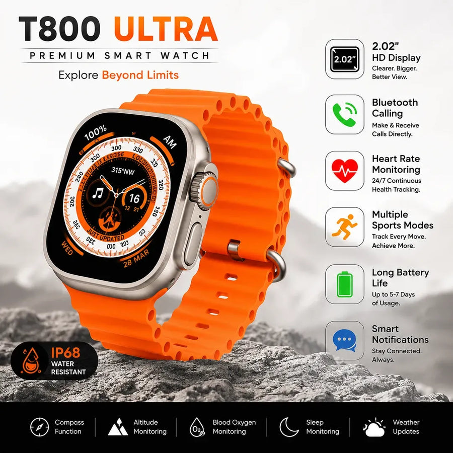 T800 Ultra Smart Watch Yellow Black HD Bluetooth Health Tracker