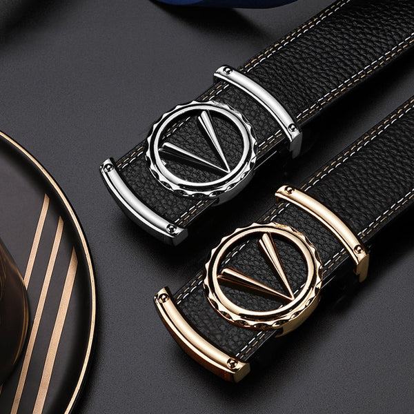 Men Leather Belt Black Gold Buckle Casual Business