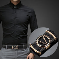 Men Leather Belt Black Gold Buckle Casual Business